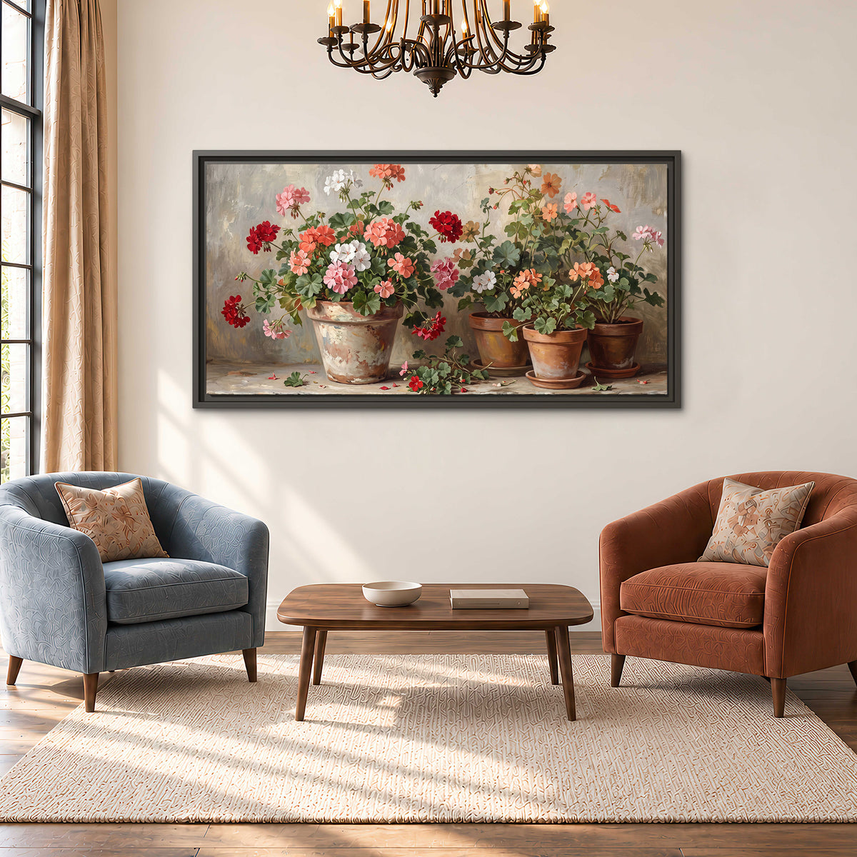 Colorful flowers arranged in rustic pots on a warm neutral background single framed canvas wall art styled in an interior