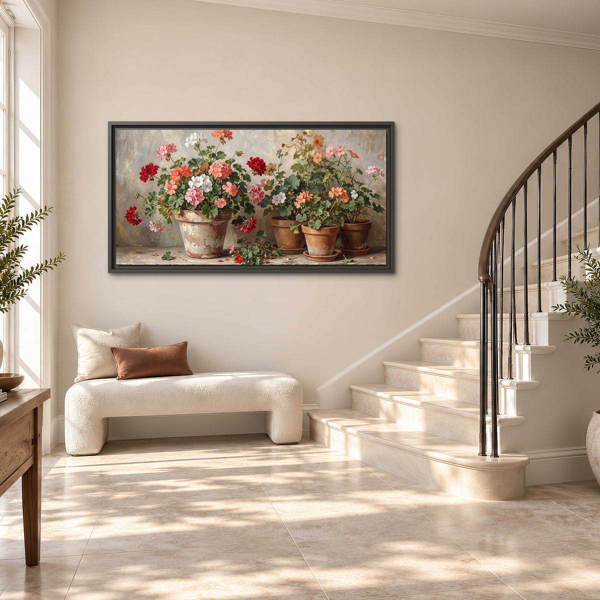 Colorful flowers arranged in rustic pots on a warm neutral background single framed canvas wall art styled in an interior