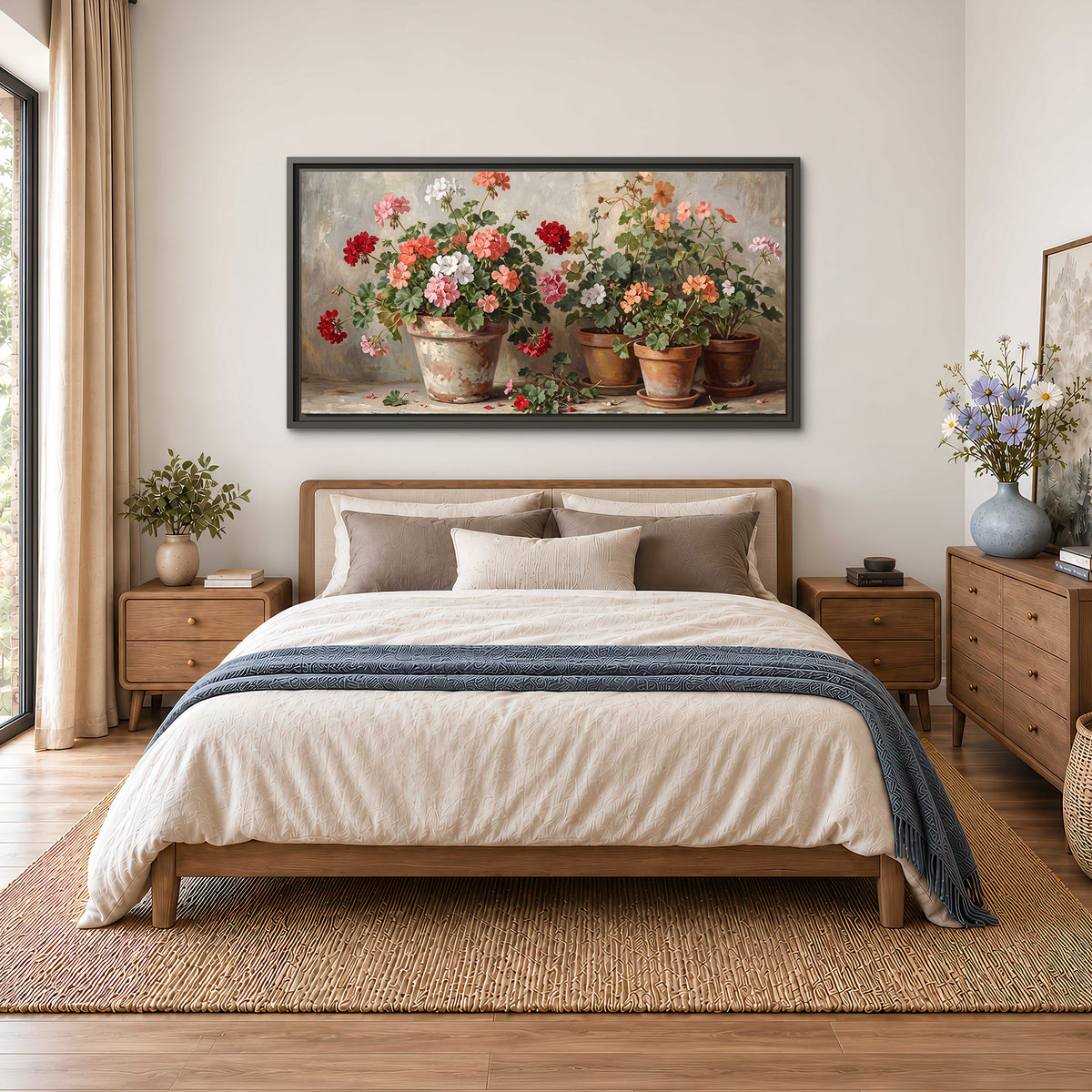 Colorful flowers arranged in rustic pots on a warm neutral background single framed canvas wall art styled in an interior