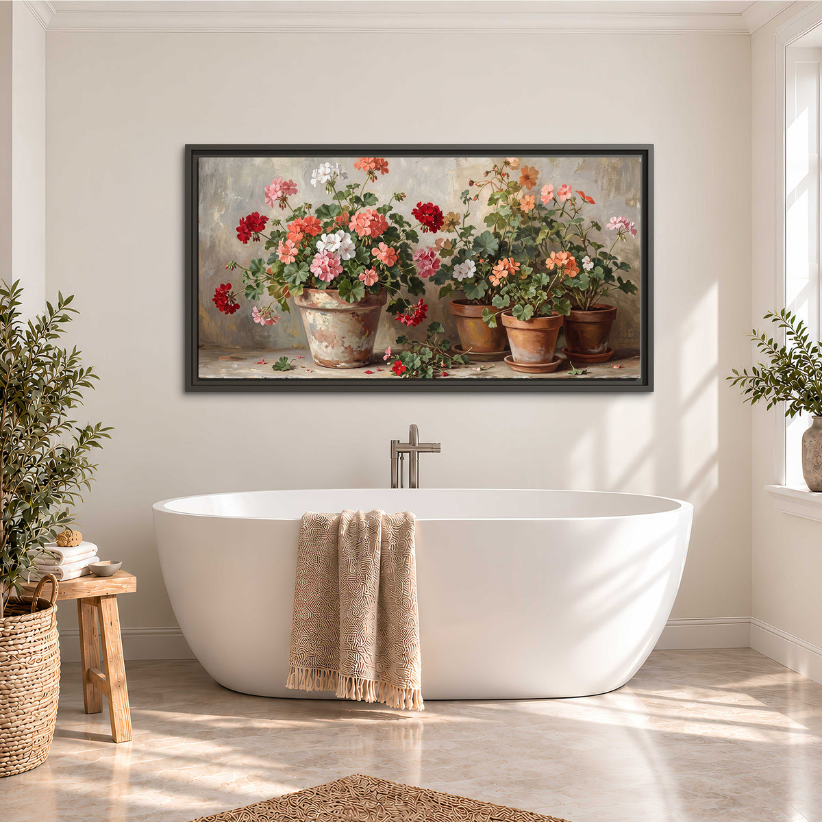 Colorful flowers arranged in rustic pots on a warm neutral background single framed canvas wall art styled in an interior