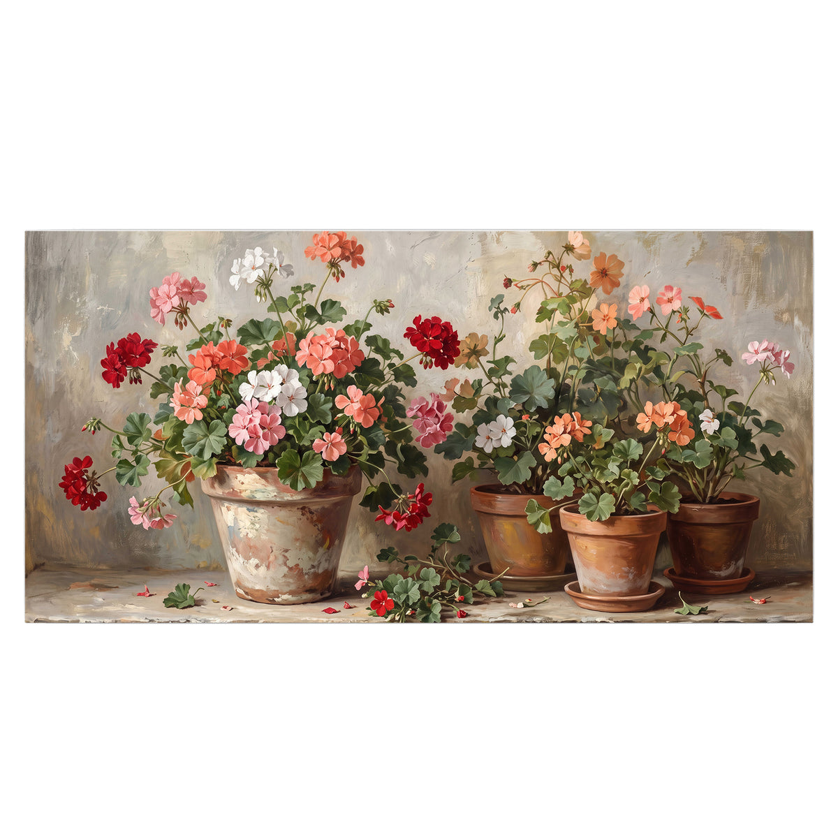 Colorful flowers arranged in rustic pots on a warm neutral background single poster print viewed straight on