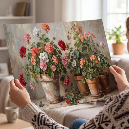 Colorful flowers arranged in rustic pots on a warm neutral background single poster print held in hands