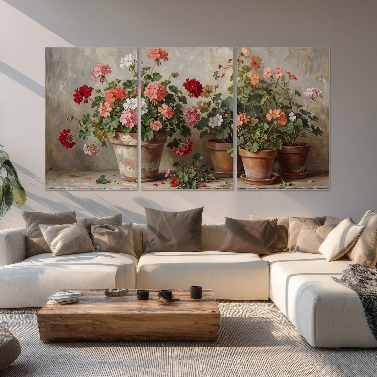 Colorful flowers arranged in rustic pots on a warm neutral background set of 3 poster prints displayed in a living room