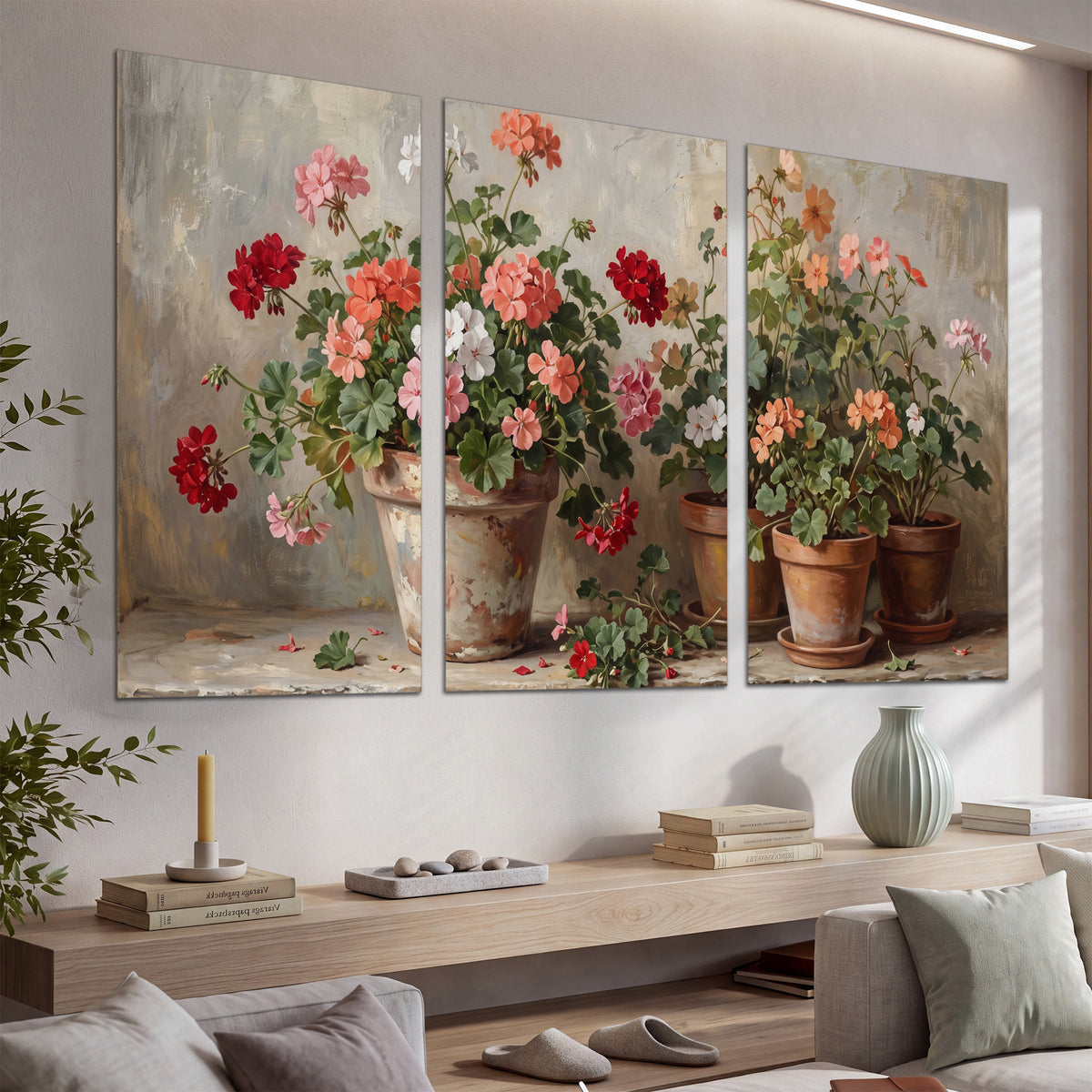 Colorful flowers arranged in rustic pots on a warm neutral background set of 3 poster prints displayed in a console