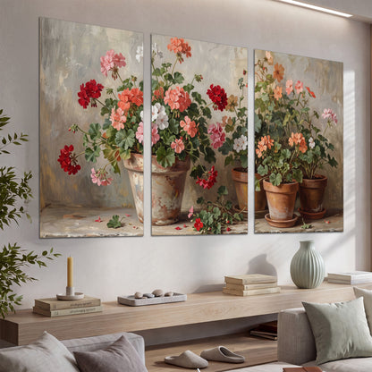 Colorful flowers arranged in rustic pots on a warm neutral background set of 3 poster prints displayed in a console
