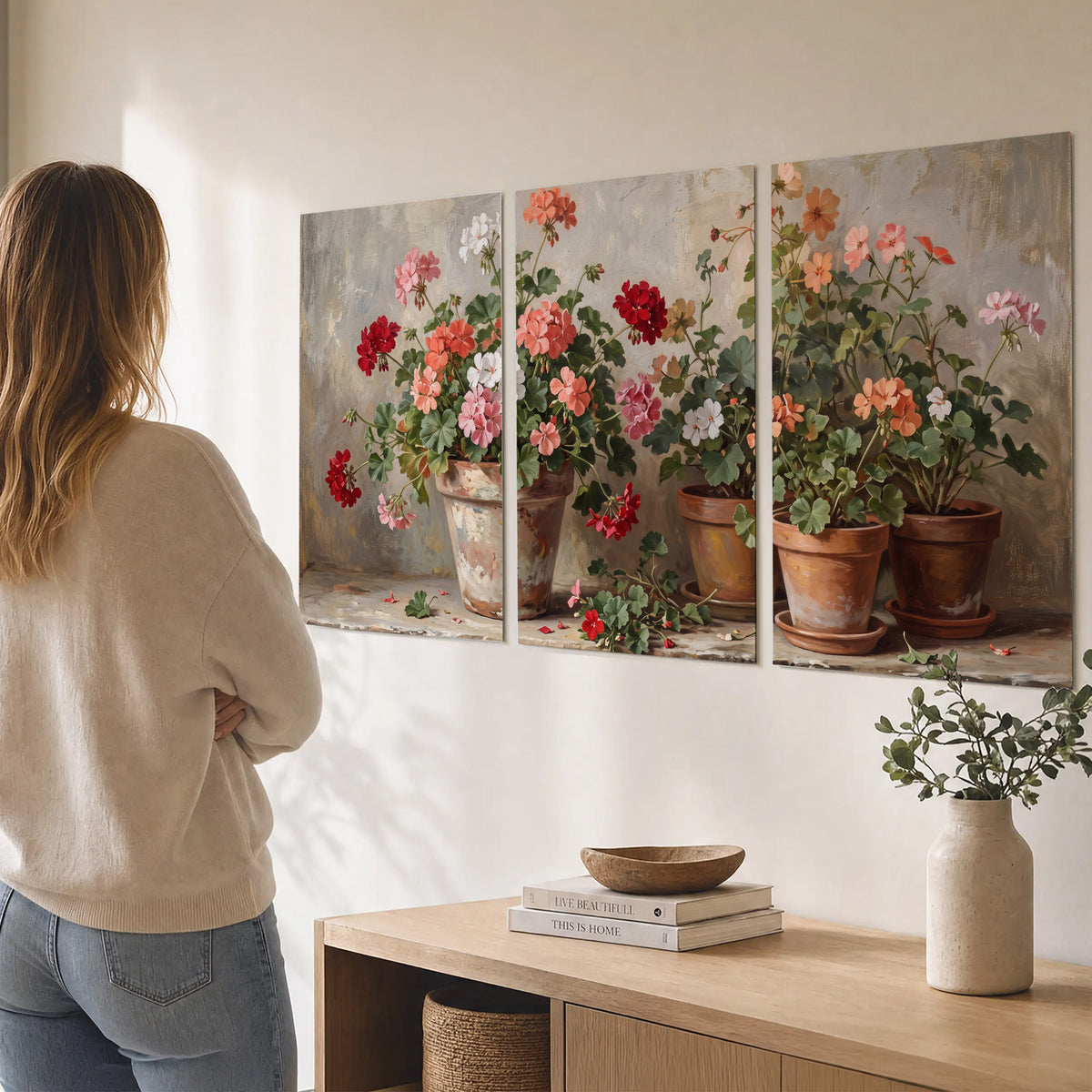 Colorful flowers arranged in rustic pots on a warm neutral background set of 3 poster prints three panel arrangement on a wall