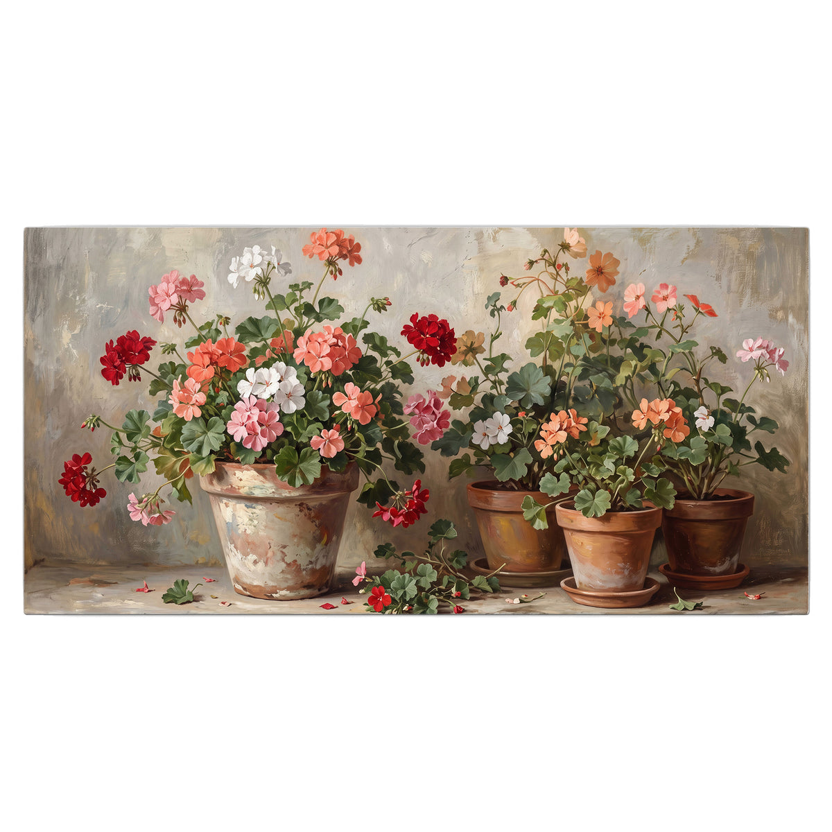 Colorful flowers arranged in rustic pots on a warm neutral background single canvas wall art viewed straight on