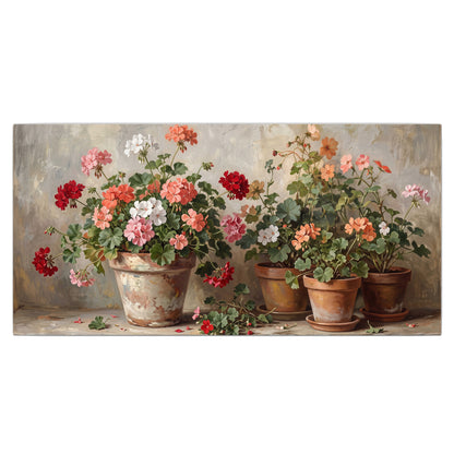 Colorful flowers arranged in rustic pots on a warm neutral background single canvas wall art viewed straight on