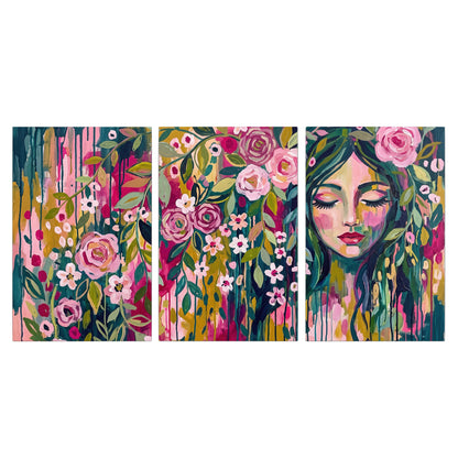 A woman's portrait surrounded by vivid flowers and expressive colorful marks 3 piece canvas wall art viewed straight on