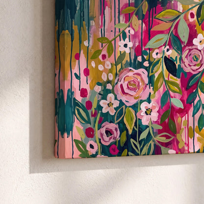 A woman's portrait surrounded by vivid flowers and expressive colorful marks 3 piece canvas wall art material and edge close up