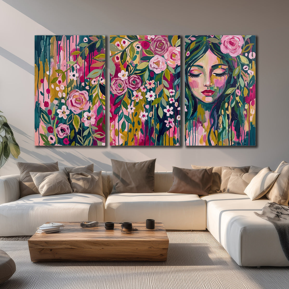 A woman's portrait surrounded by vivid flowers and expressive colorful marks 3 piece canvas wall art displayed in a living room