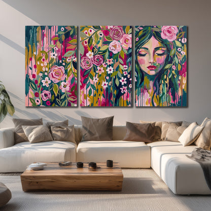 A woman's portrait surrounded by vivid flowers and expressive colorful marks 3 piece canvas wall art displayed in a living room