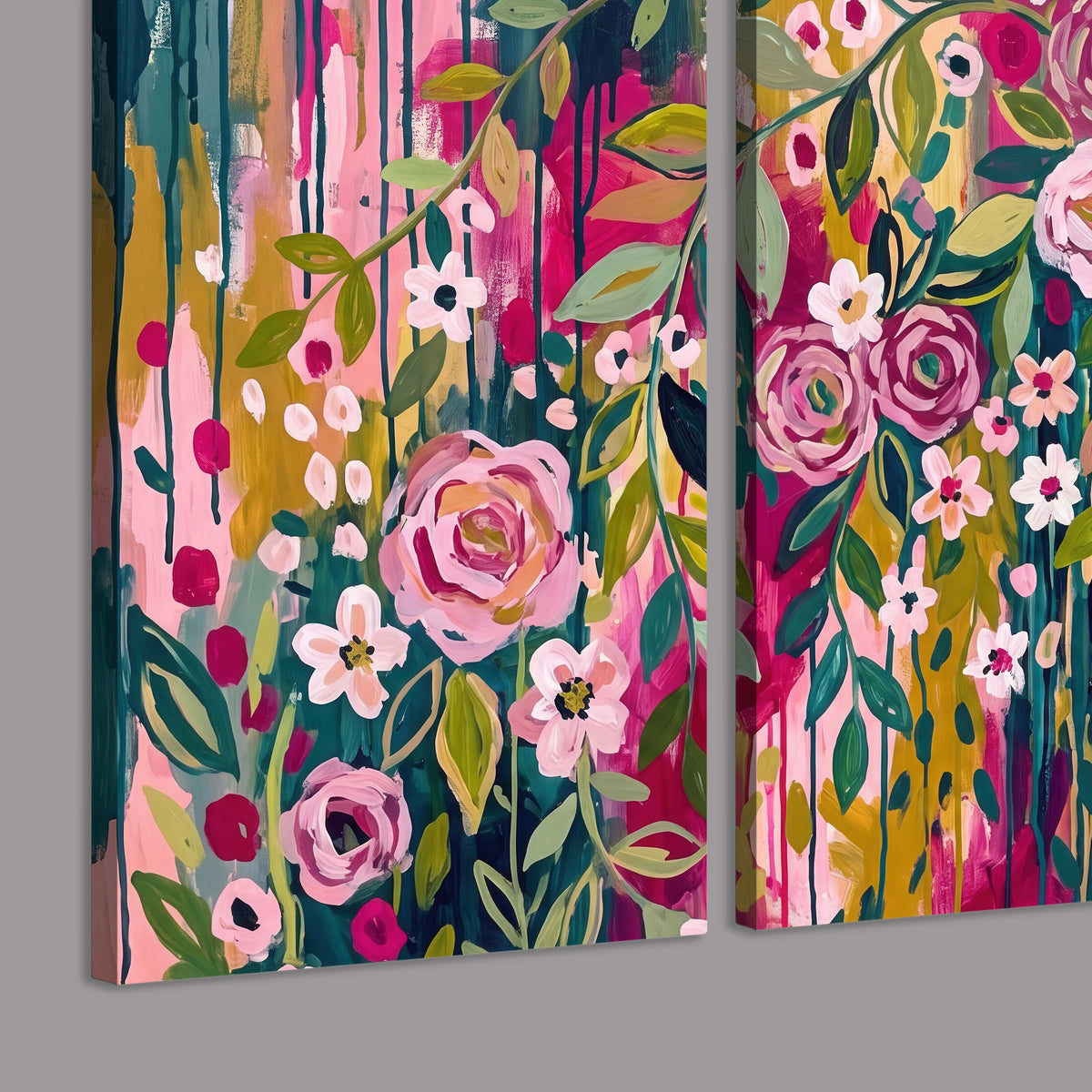 A woman's portrait surrounded by vivid flowers and expressive colorful marks 3 piece canvas wall art room and product view