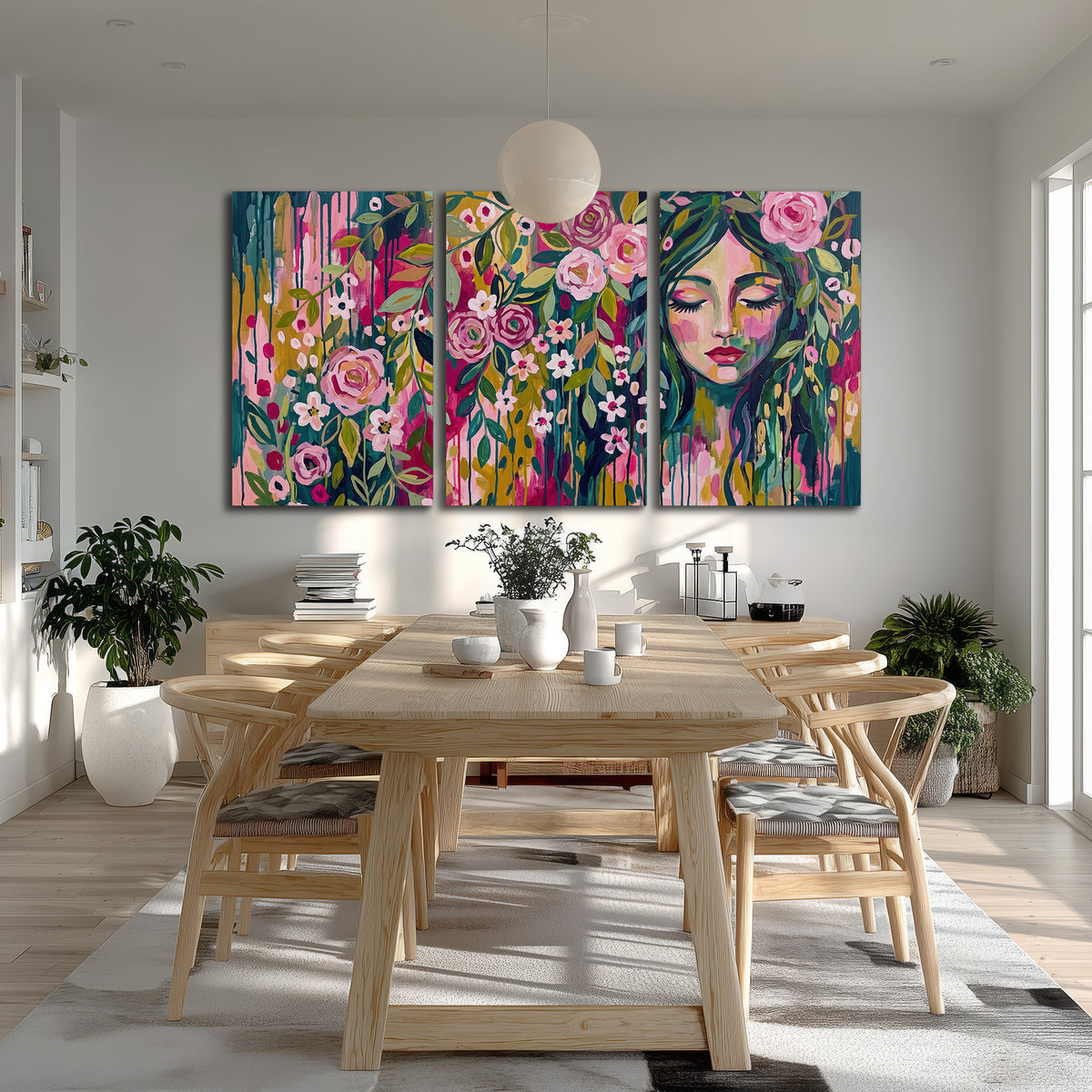 A woman's portrait surrounded by vivid flowers and expressive colorful marks 3 piece canvas wall art room and product view