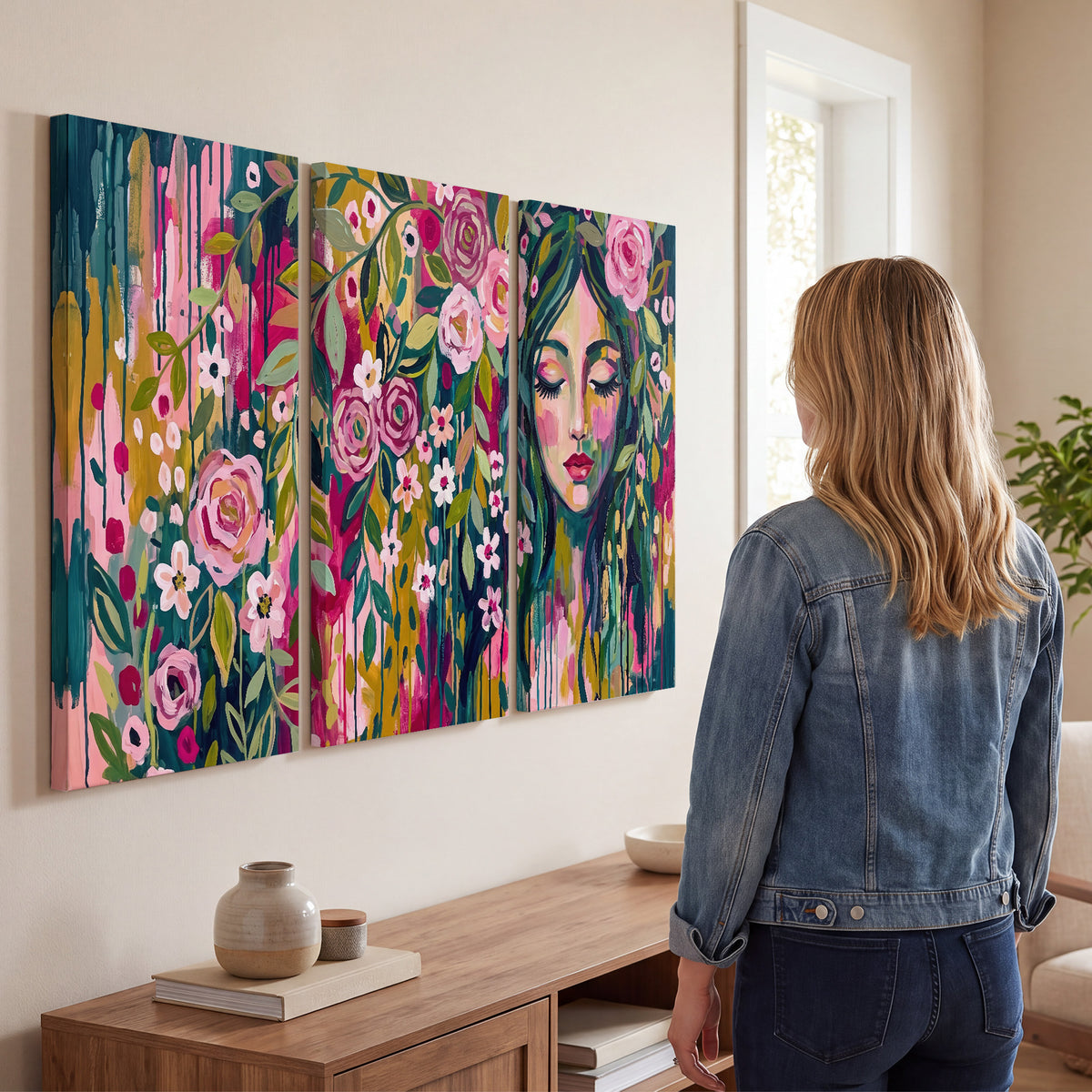 A woman's portrait surrounded by vivid flowers and expressive colorful marks 3 piece canvas wall art three panel arrangement on a wall