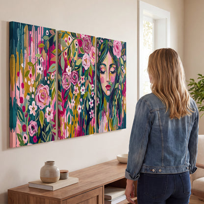 A woman's portrait surrounded by vivid flowers and expressive colorful marks 3 piece canvas wall art three panel arrangement on a wall
