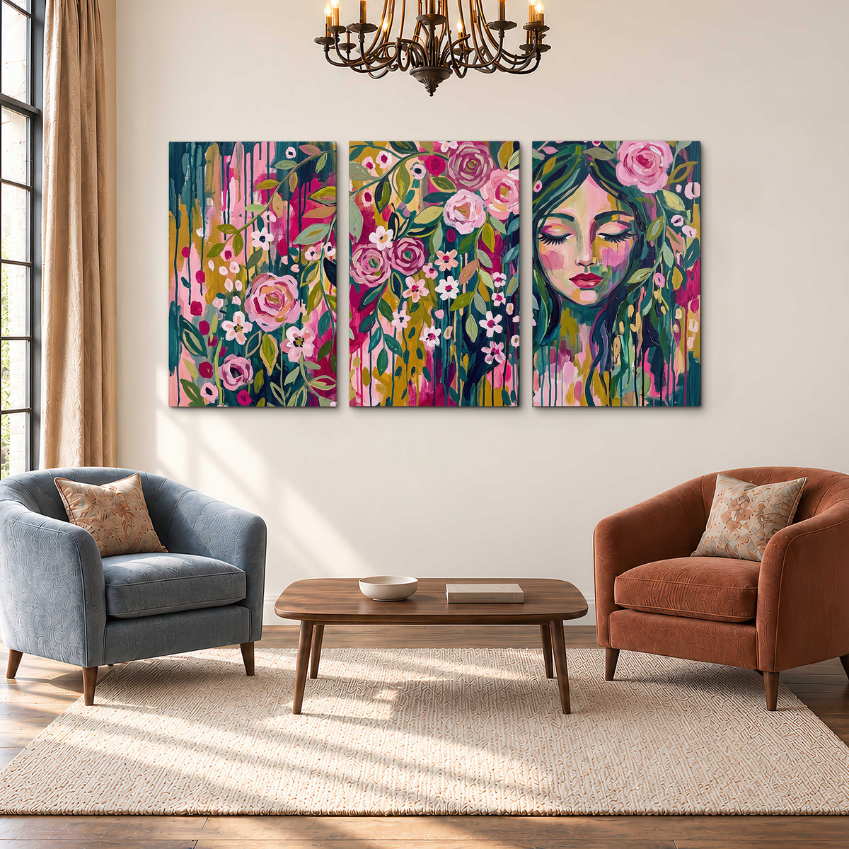 A woman's portrait surrounded by vivid flowers and expressive colorful marks 3 piece canvas wall art styled in an interior
