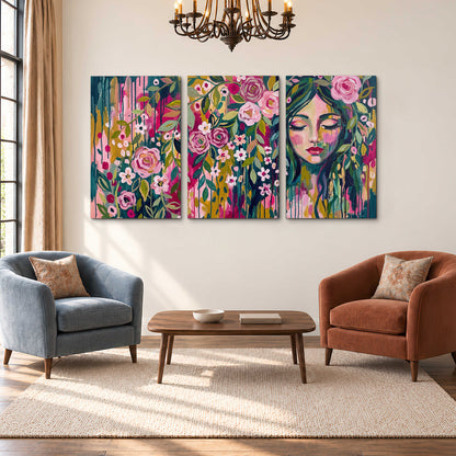 A woman's portrait surrounded by vivid flowers and expressive colorful marks 3 piece canvas wall art styled in an interior