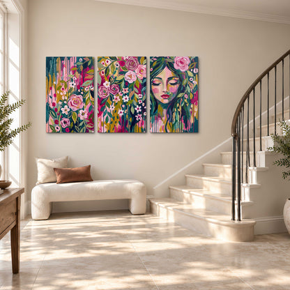 A woman's portrait surrounded by vivid flowers and expressive colorful marks 3 piece canvas wall art styled in an interior