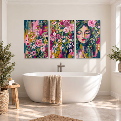 A woman's portrait surrounded by vivid flowers and expressive colorful marks 3 piece canvas wall art styled in an interior