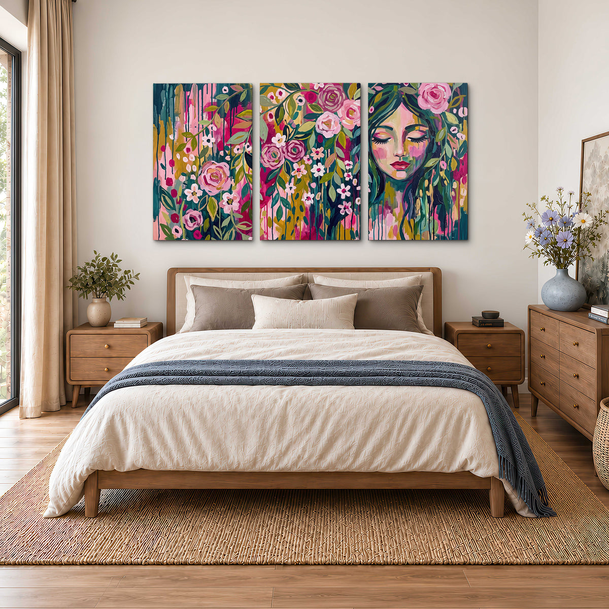 A woman's portrait surrounded by vivid flowers and expressive colorful marks 3 piece canvas wall art styled in an interior