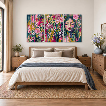 A woman's portrait surrounded by vivid flowers and expressive colorful marks 3 piece canvas wall art styled in an interior