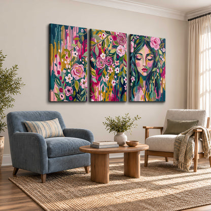 A woman's portrait surrounded by vivid flowers and expressive colorful marks 3 piece canvas wall art styled in an interior