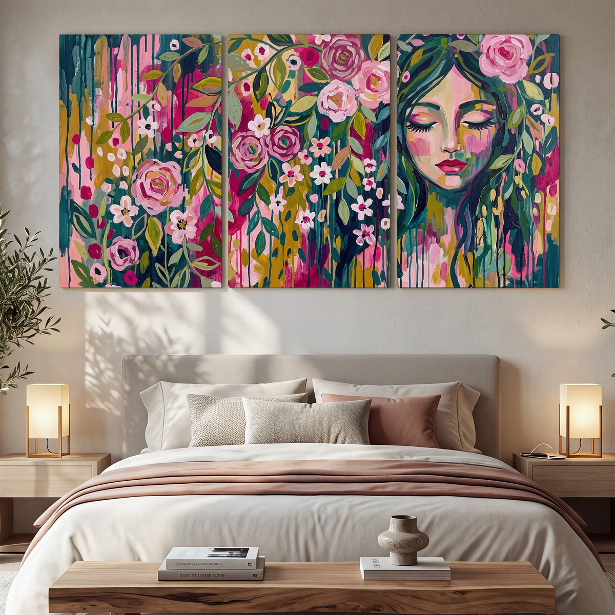 A woman's portrait surrounded by vivid flowers and expressive colorful marks 3 piece canvas wall art displayed in a bedroom