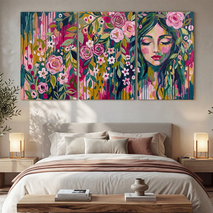 A woman's portrait surrounded by vivid flowers and expressive colorful marks 3 piece canvas wall art displayed in a bedroom