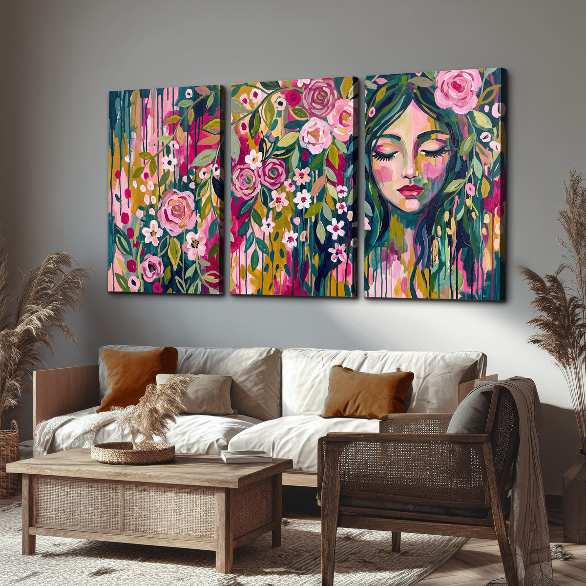A woman's portrait surrounded by vivid flowers and expressive colorful marks 3 piece canvas wall art displayed in a rustic living room