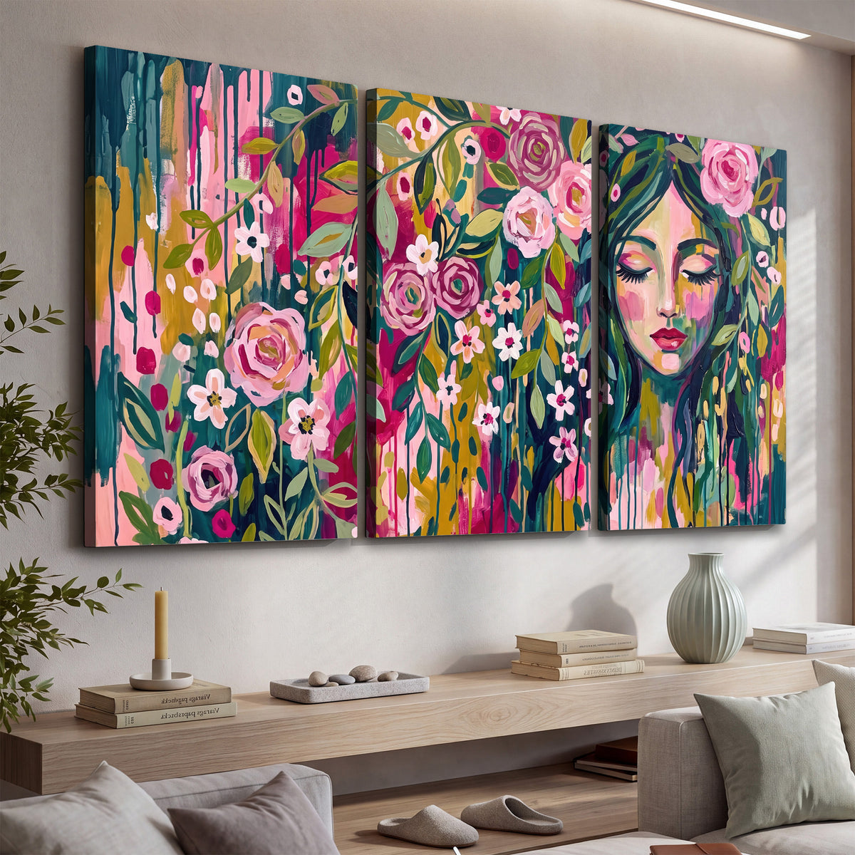 A woman's portrait surrounded by vivid flowers and expressive colorful marks 3 piece canvas wall art displayed in a console