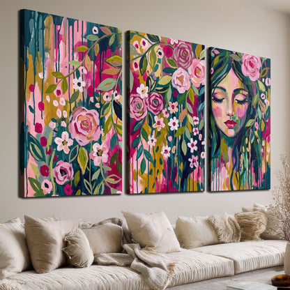 A woman's portrait surrounded by vivid flowers and expressive colorful marks 3 piece canvas wall art room and product view