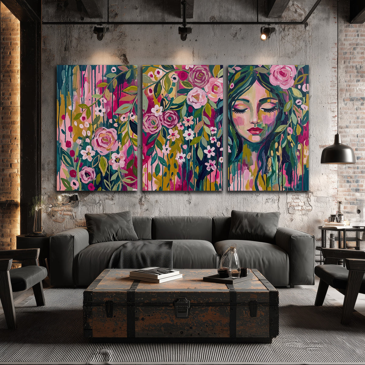 A woman's portrait surrounded by vivid flowers and expressive colorful marks 3 piece canvas wall art displayed in a industrial room