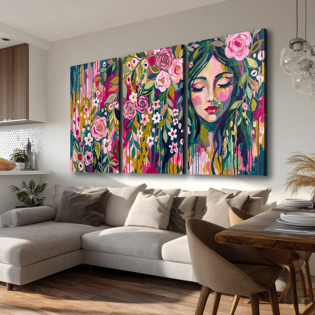 A woman's portrait surrounded by vivid flowers and expressive colorful marks 3 piece canvas wall art room and product view