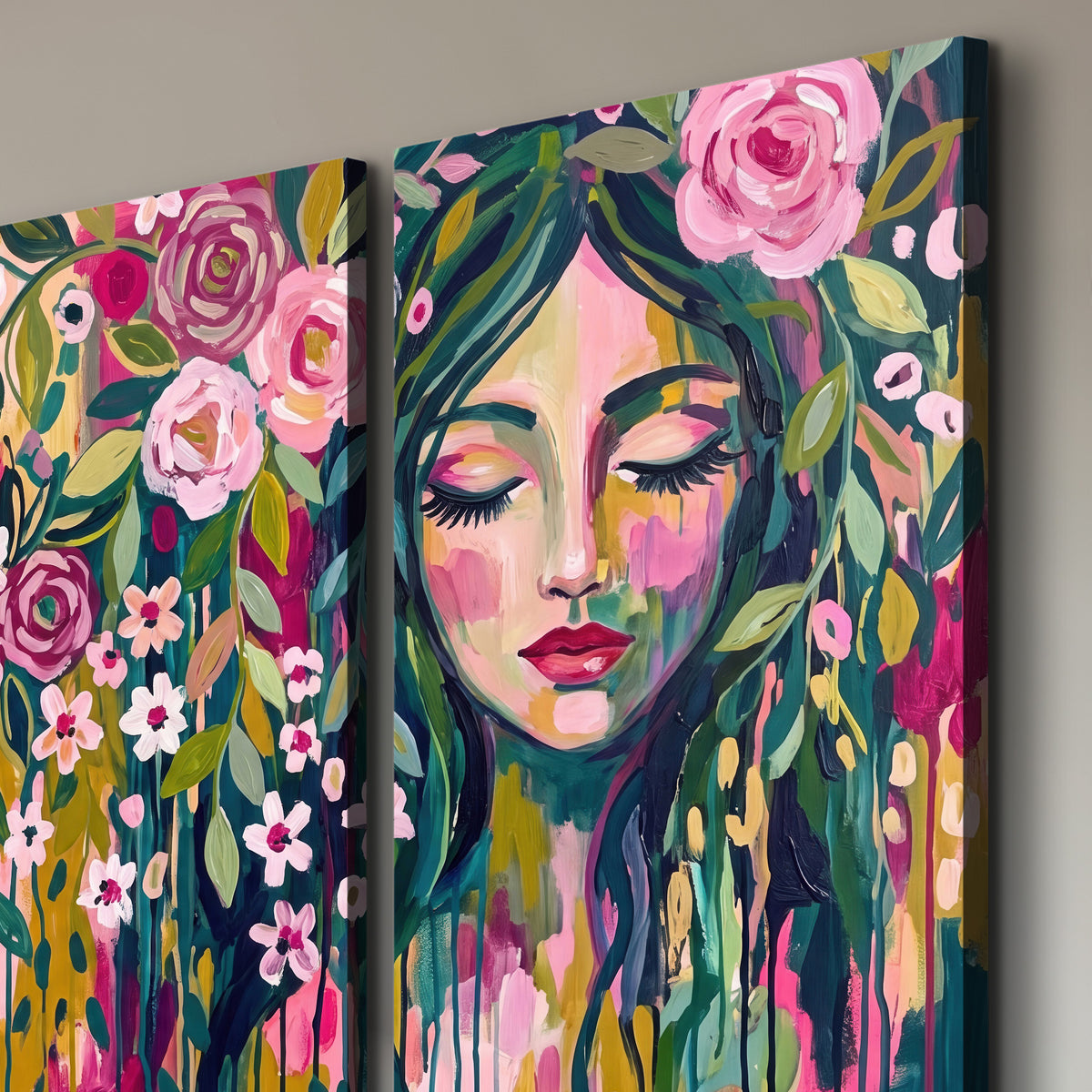 A woman's portrait surrounded by vivid flowers and expressive colorful marks 3 piece canvas wall art room and product view