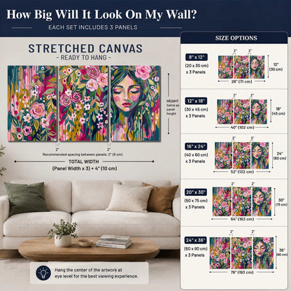 A woman's portrait surrounded by vivid flowers and expressive colorful marks 3 piece canvas wall art size guide above a sofa; room view is illustrative
