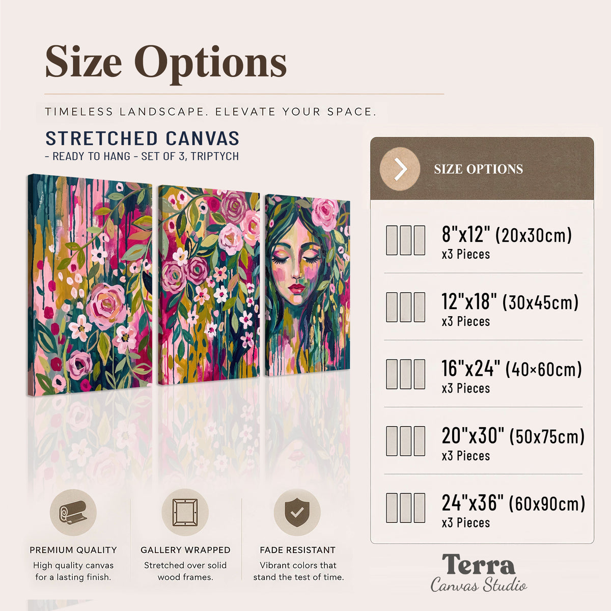 A woman's portrait surrounded by vivid flowers and expressive colorful marks 3 piece canvas wall art available dimensions; triptych dimensions are per panel