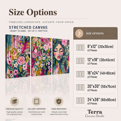 A woman's portrait surrounded by vivid flowers and expressive colorful marks 3 piece canvas wall art available dimensions; triptych dimensions are per panel