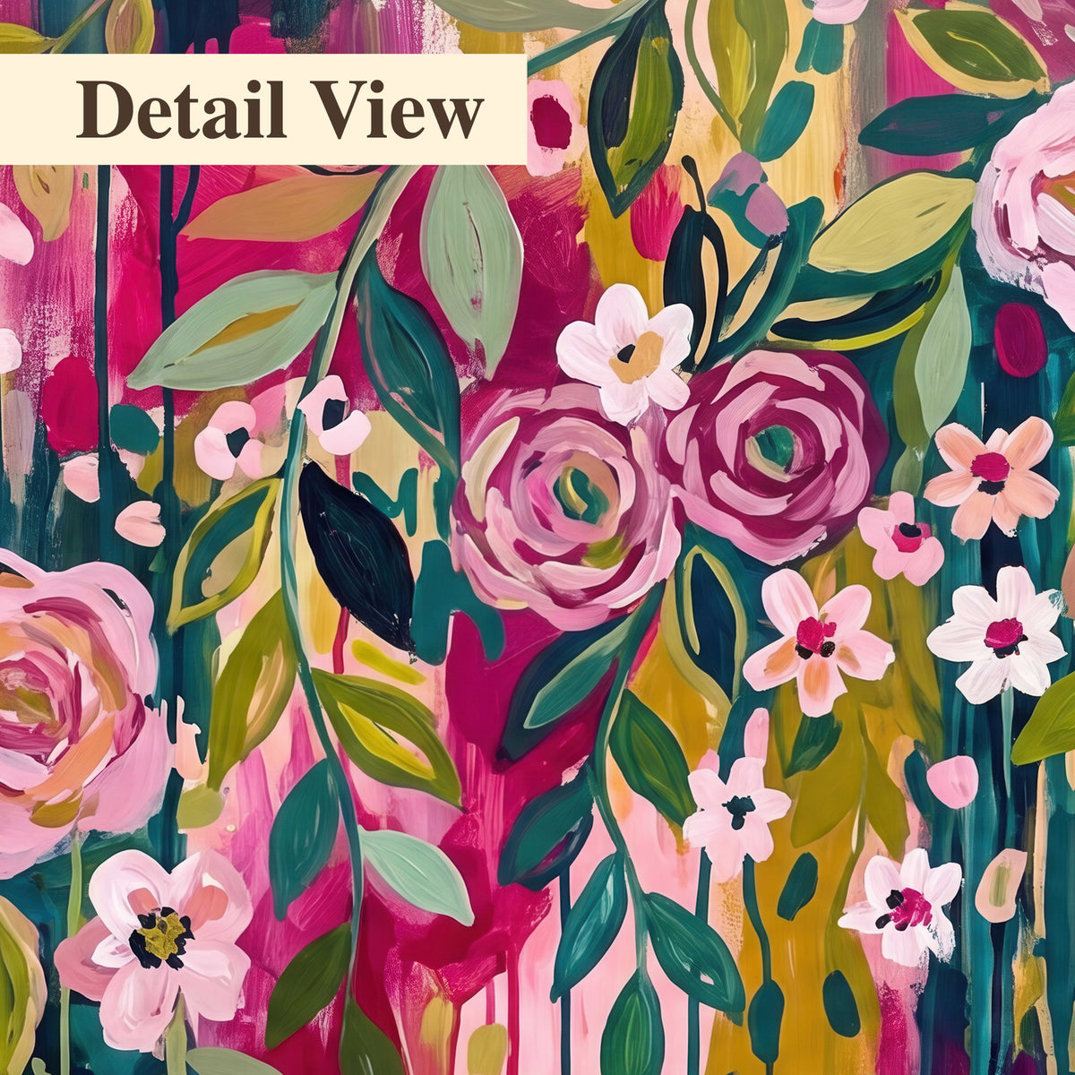 A woman's portrait surrounded by vivid flowers and expressive colorful marks 3 piece canvas wall art artwork detail close up