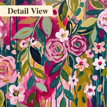 A woman's portrait surrounded by vivid flowers and expressive colorful marks 3 piece canvas wall art artwork detail close up