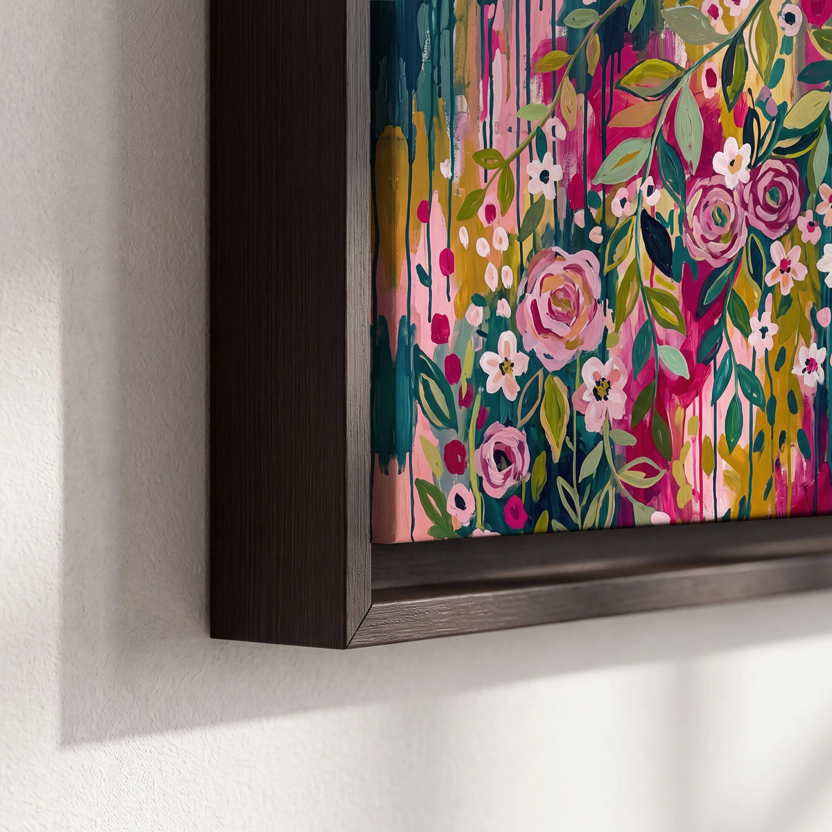 A woman's portrait surrounded by vivid flowers and expressive colorful marks 3 piece framed canvas wall art material and edge close up