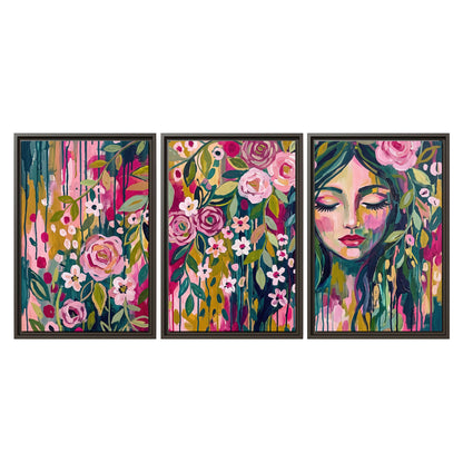A woman's portrait surrounded by vivid flowers and expressive colorful marks 3 piece framed canvas wall art viewed straight on