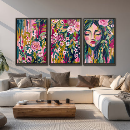 A woman's portrait surrounded by vivid flowers and expressive colorful marks 3 piece framed canvas wall art displayed in a living room
