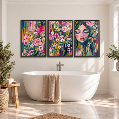 A woman's portrait surrounded by vivid flowers and expressive colorful marks 3 piece framed canvas wall art styled in an interior