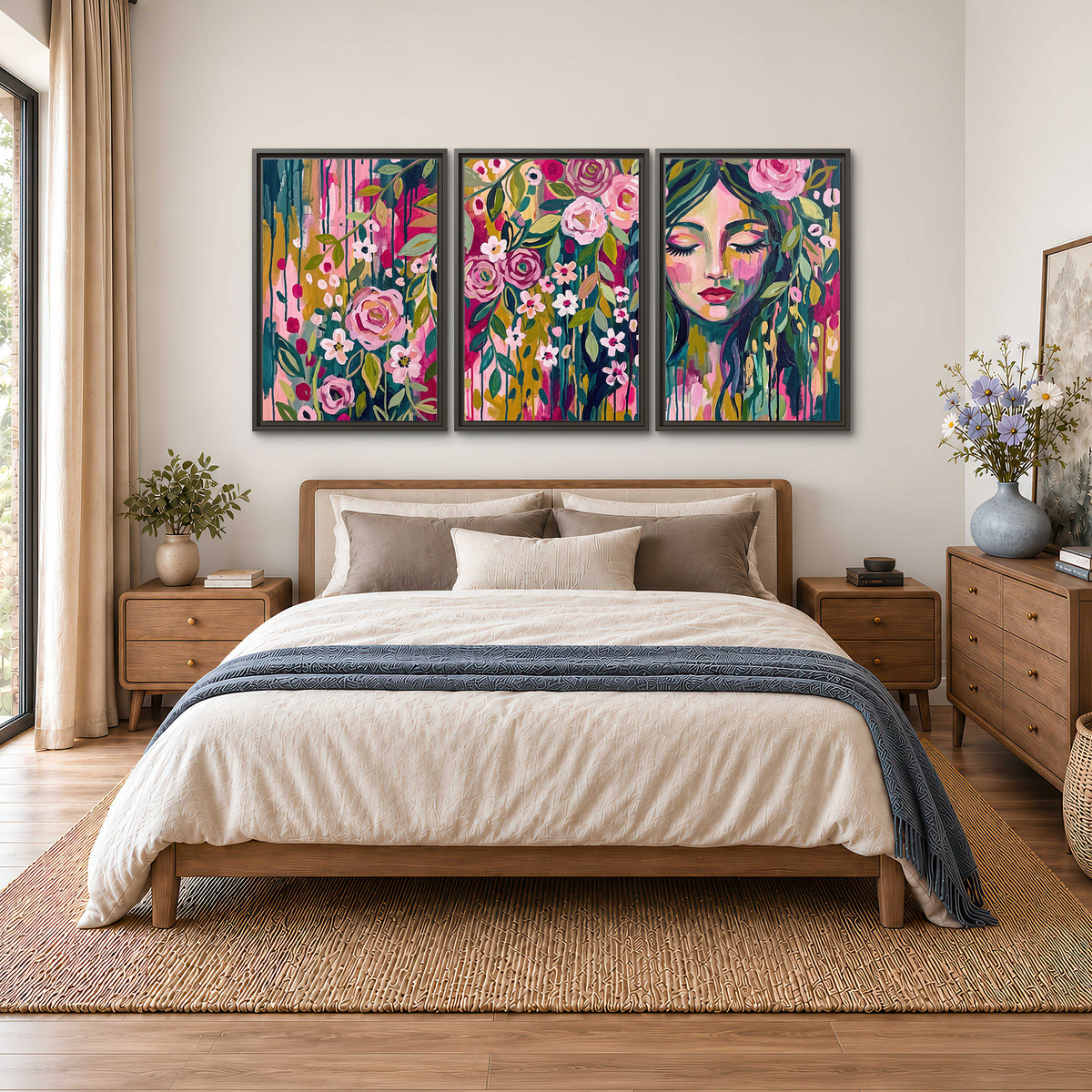 A woman's portrait surrounded by vivid flowers and expressive colorful marks 3 piece framed canvas wall art styled in an interior