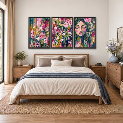 A woman's portrait surrounded by vivid flowers and expressive colorful marks 3 piece framed canvas wall art styled in an interior