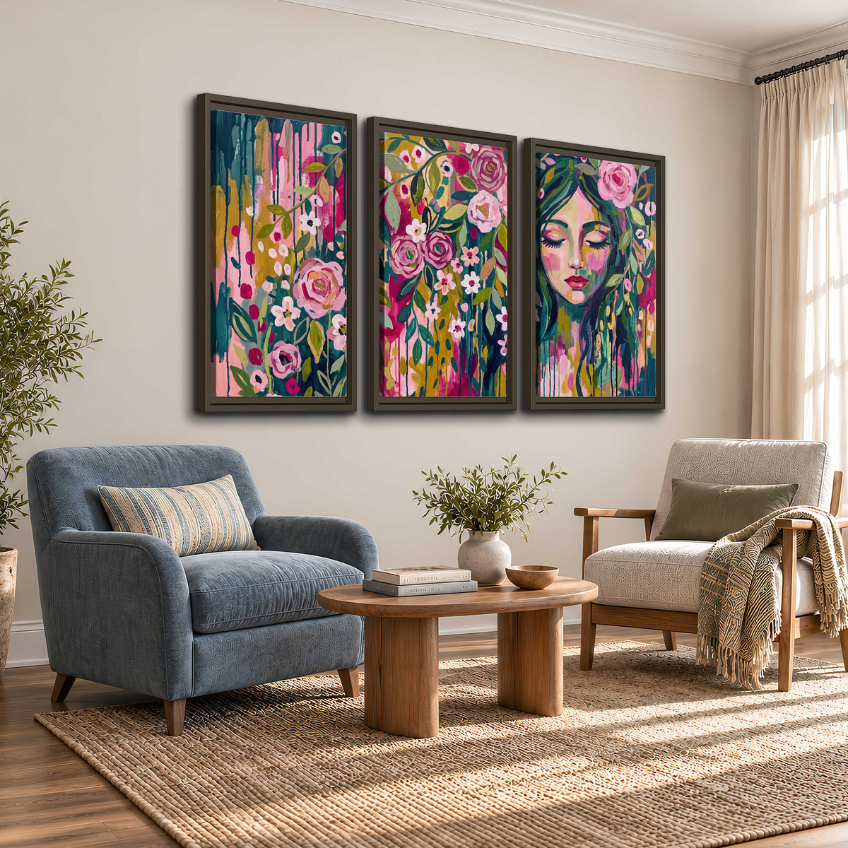 A woman's portrait surrounded by vivid flowers and expressive colorful marks 3 piece framed canvas wall art styled in an interior