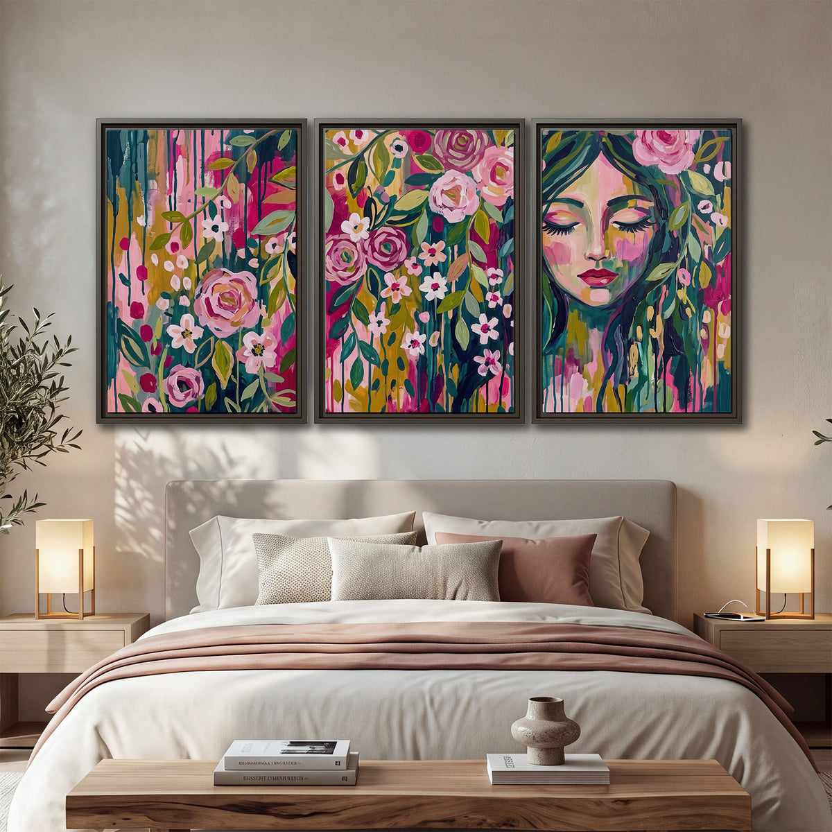 A woman's portrait surrounded by vivid flowers and expressive colorful marks 3 piece framed canvas wall art displayed in a bedroom