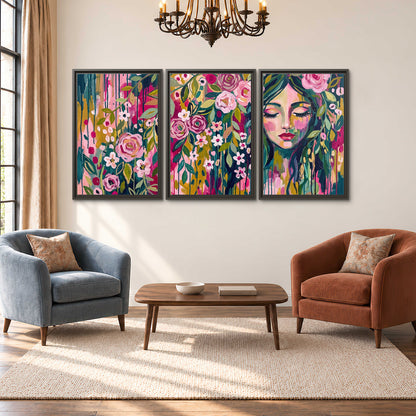 A woman's portrait surrounded by vivid flowers and expressive colorful marks 3 piece framed canvas wall art styled in an interior