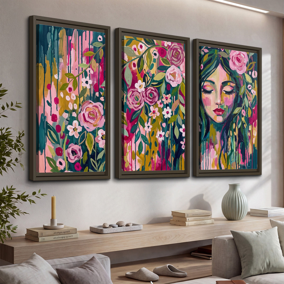 A woman's portrait surrounded by vivid flowers and expressive colorful marks 3 piece framed canvas wall art displayed in a console